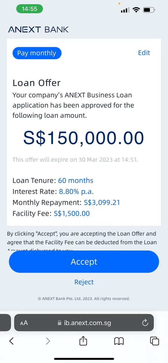 Bank loan approval for S$150,000