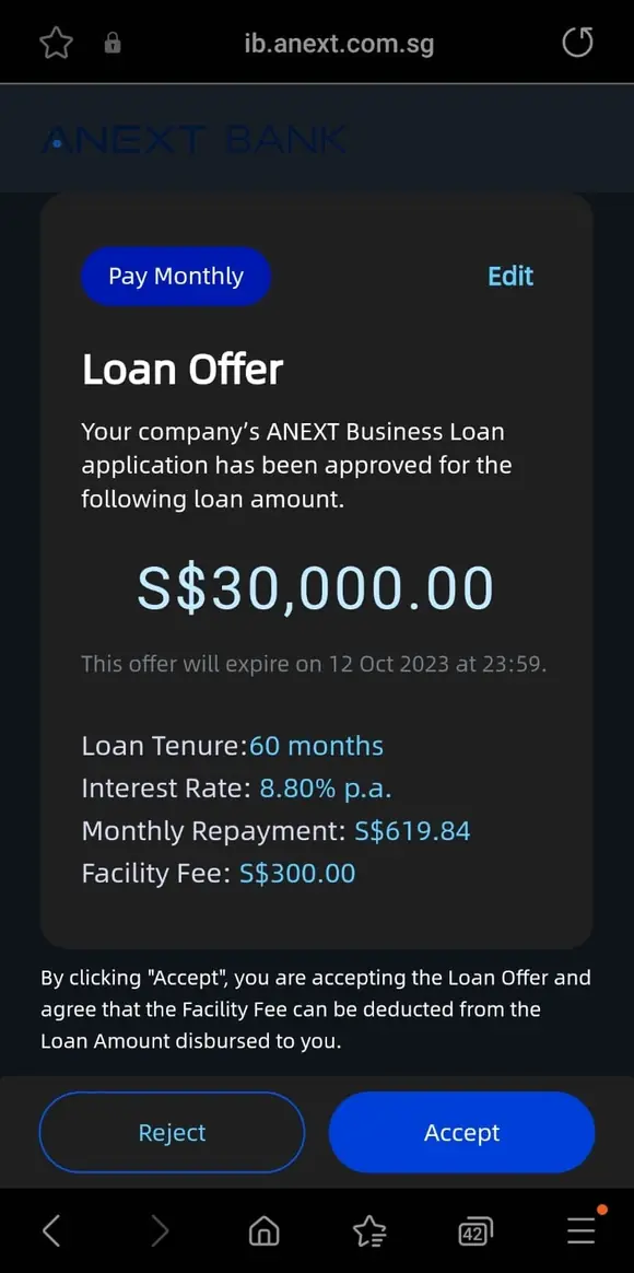 Bank loan approval for S$30,000