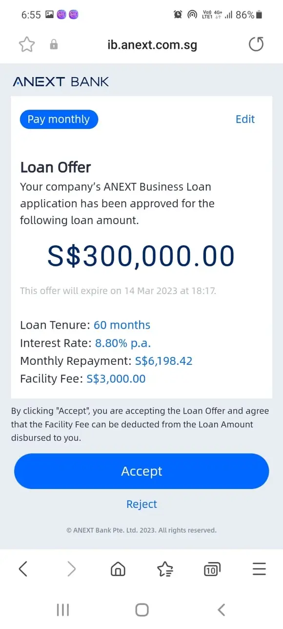 Bank loan approval for S$300,000